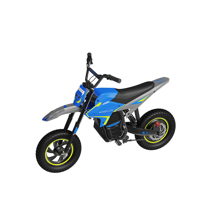 KOOLUX K7 kids electric motorcycle in Blue, front left three-quarter view