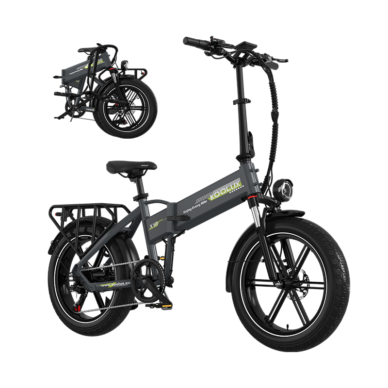 KOOLUX X12 folding electric bike in Grey + Green, front three-quarter view with folded bike inset